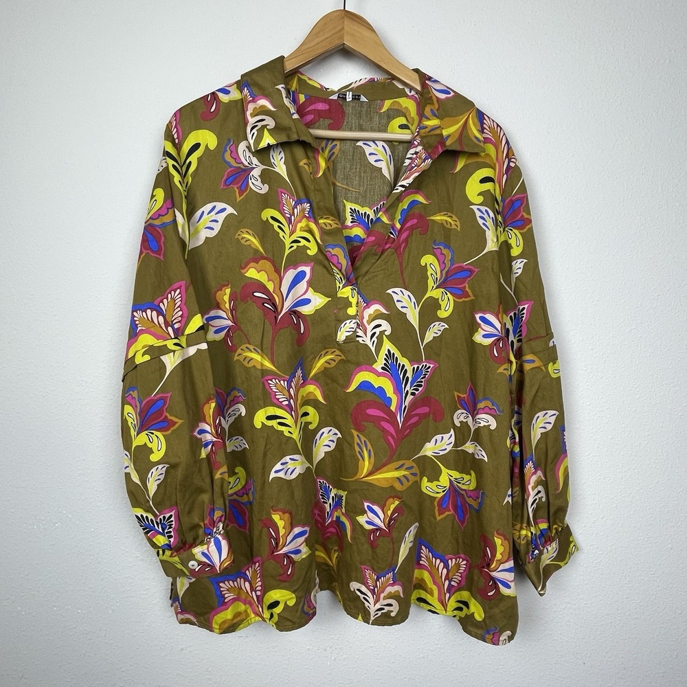 Foxcroft Popover Shirt 2X Brown Floral Long Sleeve Pockets Cottagecore